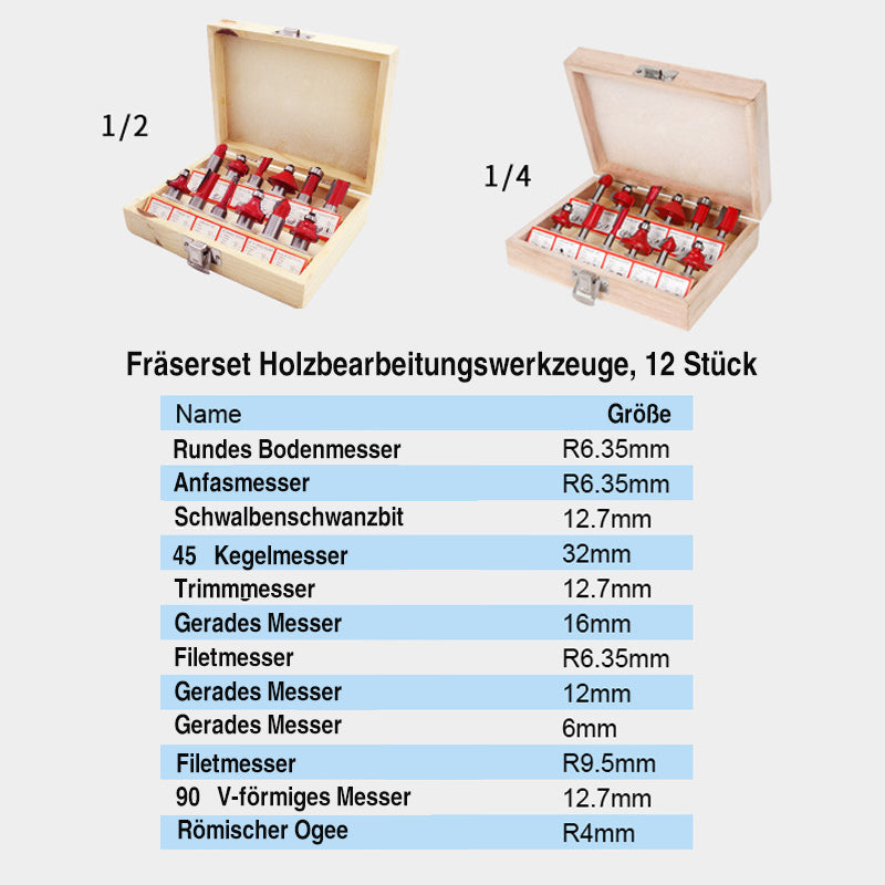 1/4 Zoll oder 1/2 Zoll Fräserset Holzbearbeitungswerkzeuge, 12 Stück